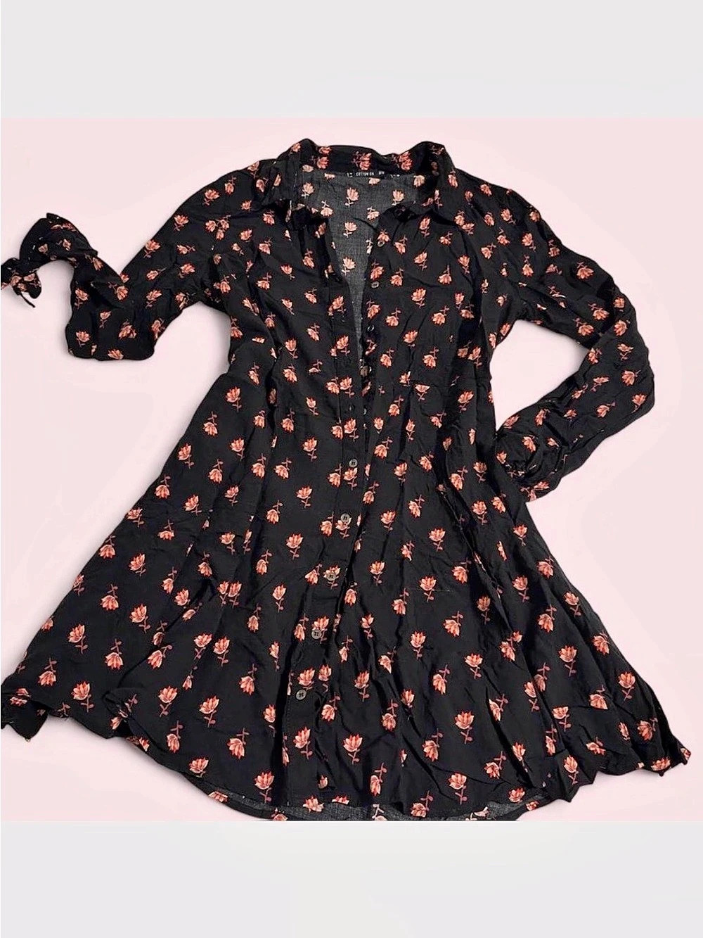 Cotton On Floral Mini Dress Black & Pink Medium Long sleeve work casual